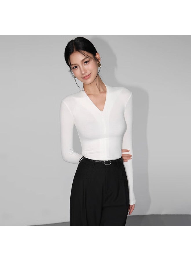 Don't speak Bieyu Women's Deep V-neck Slim Fit Base Shirt Spring Autumn Elegant Slim Long Sleeve T-shirt White XL - Image 2