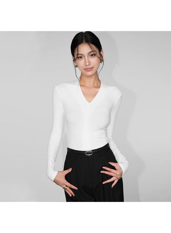 Don't speak Bieyu Women's Deep V-neck Slim Fit Base Shirt Spring Autumn Elegant Slim Long Sleeve T-shirt White XL - Image 1