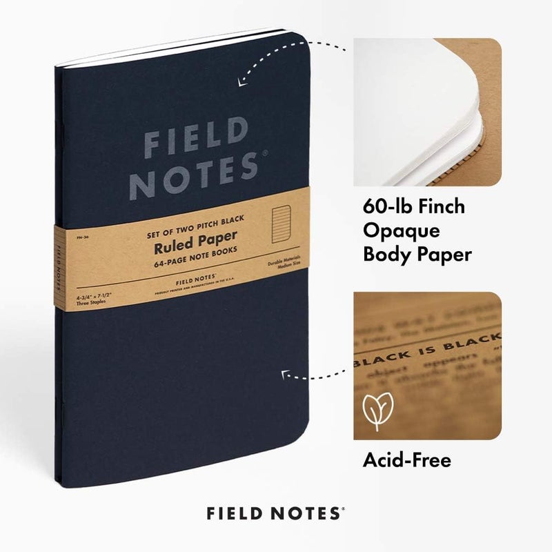 Field Notes 2-Pack Pitch Black Notebooks (4.75" X 7.5"), Ruled, 64 Pages | Thin Pocket Sized EDC Notebook With 90 GSM Paper & Paperback Cover | Work Notebooks For Note Taking | Made in the USA - Image 3