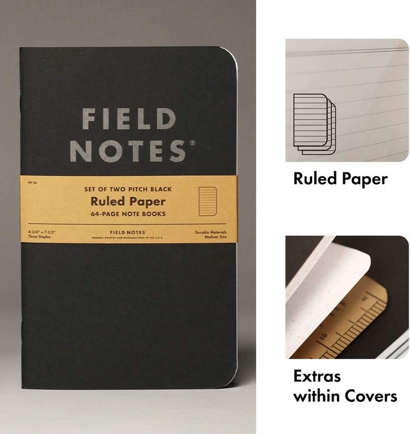 Field Notes 2-Pack Pitch Black Notebooks (4.75" X 7.5"), Ruled, 64 Pages | Thin Pocket Sized EDC Notebook With 90 GSM Paper & Paperback Cover | Work Notebooks For Note Taking | Made in the USA - Image 1