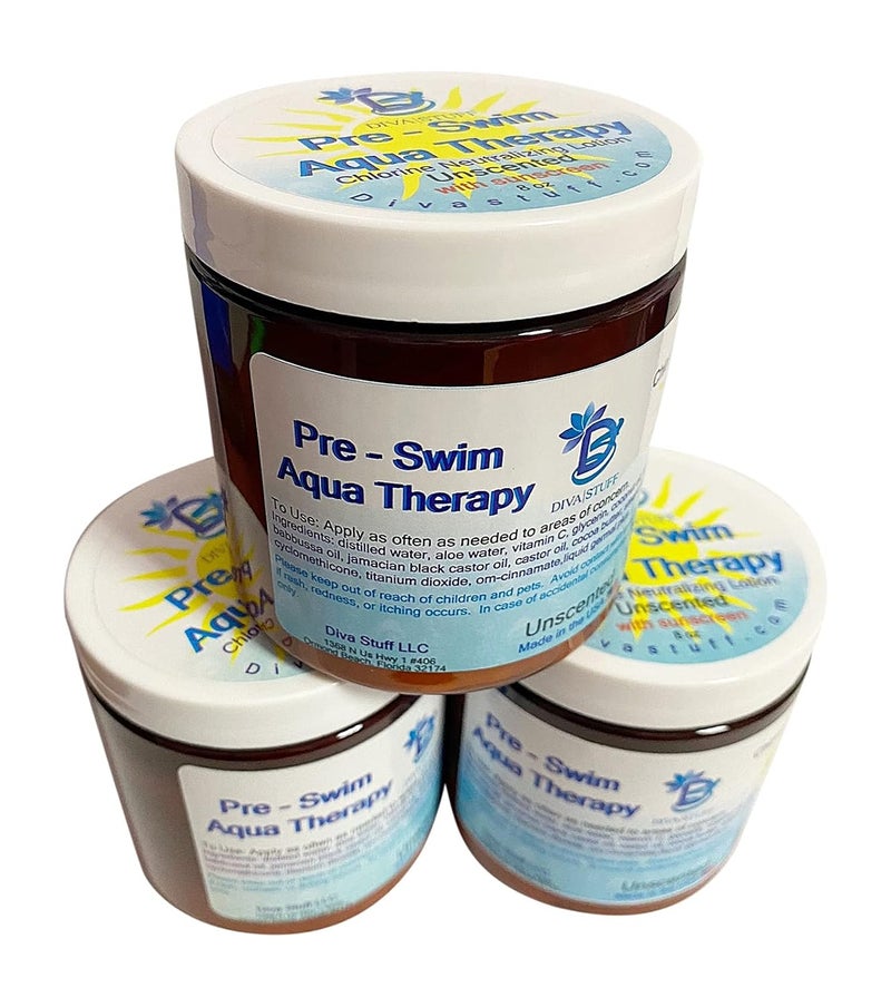Diva Stuff PreSwim Aqua Therapy Chlorine Neutralizing Body Lotion Protects Skin From Chlorine and Salt Water 3 Pack 8 oz  Made in the USA Unscented Sunscreen