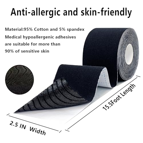 SOON GO Kinesiology Tape Pro 1/2/5 Rolls, 2 Inch High Elasticity Sports Tape Therapeutic Pain Relief–Physio Tape for Muscle Recovery & Joint Support, Waterproof & Hypoallergenic & Breathable–Black - Image 2