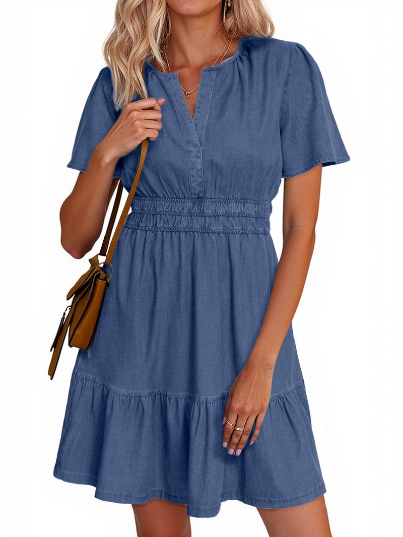Simplee Apparel Simplee Womens Summer Denim Dress Casual Short Sleeve Mini Dress Boho Beach Flowy Tiered Short Jean Dresses with Pockets,Denim Deep Blue,L - Image 1