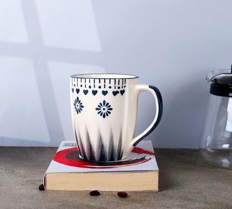 Niyara Handcrafted Ceramic Mugs | Elegant and Durable Tea and Coffee Cups | Indian Pottery Style with Artistic Design | Perfect for Daily Use and Occasions (Set of 2, 350ML/Each) (Grey Flower Mug) - Image 3