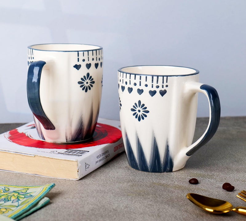 Niyara Handcrafted Ceramic Mugs | Elegant and Durable Tea and Coffee Cups | Indian Pottery Style with Artistic Design | Perfect for Daily Use and Occasions (Set of 2, 350ML/Each) (Grey Flower Mug) - Image 2