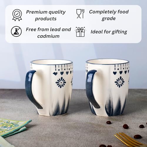 Niyara Handcrafted Ceramic Mugs | Elegant and Durable Tea and Coffee Cups | Indian Pottery Style with Artistic Design | Perfect for Daily Use and Occasions (Set of 2, 350ML/Each) (Grey Flower Mug) - Image 4