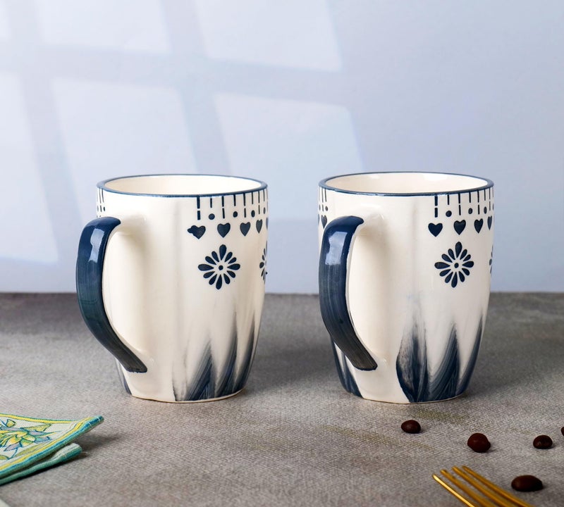 Niyara Handcrafted Ceramic Mugs | Elegant and Durable Tea and Coffee Cups | Indian Pottery Style with Artistic Design | Perfect for Daily Use and Occasions (Set of 2, 350ML/Each) (Grey Flower Mug) - Image 1