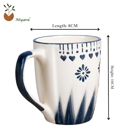 Niyara Handcrafted Ceramic Mugs | Elegant and Durable Tea and Coffee Cups | Indian Pottery Style with Artistic Design | Perfect for Daily Use and Occasions (Set of 2, 350ML/Each) (Grey Flower Mug) - Image 5