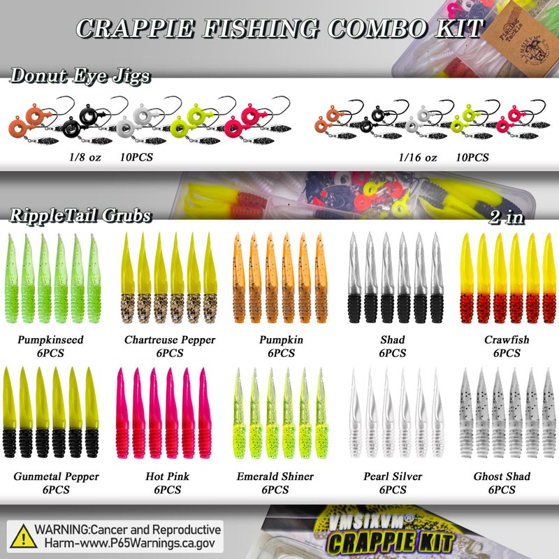 VMSIXVM Crappie Lures Underspin Jigs Heads Worms Baits Kit, 110, 80 Pcs Crappie Fishing Jig Heads Soft Plastic Grub Swimbait for Panfish Bluegill Bass Trout Freshwater Saltwater - Image 2