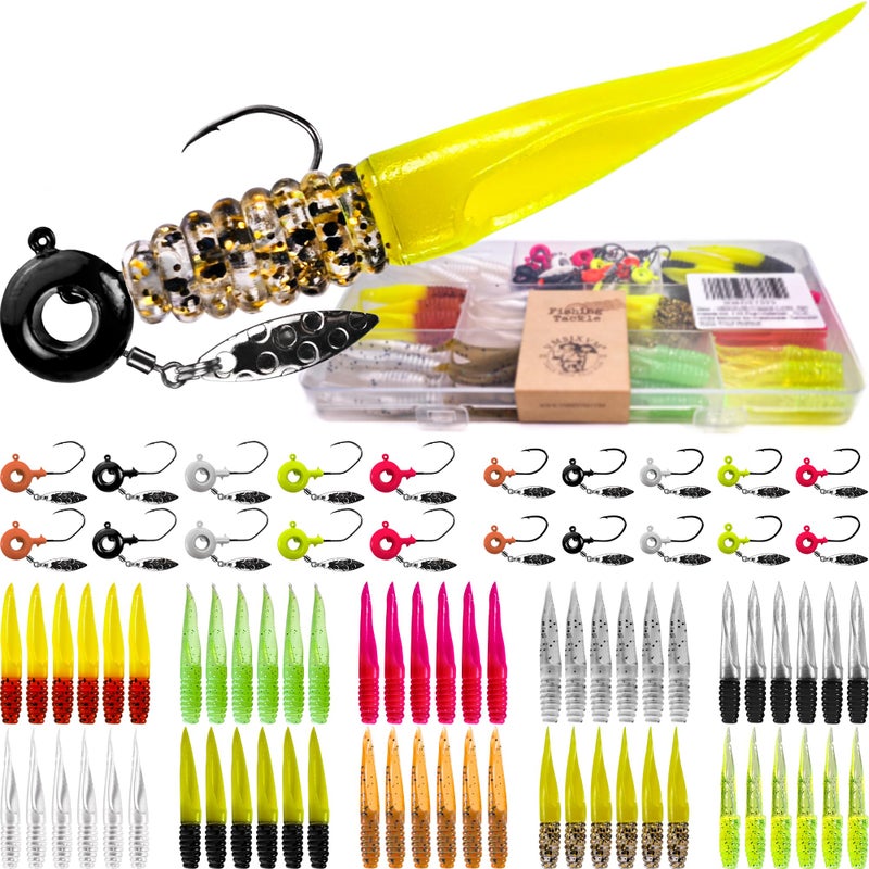 VMSIXVM Crappie Lures Underspin Jigs Heads Worms Baits Kit, 110, 80 Pcs Crappie Fishing Jig Heads Soft Plastic Grub Swimbait for Panfish Bluegill Bass Trout Freshwater Saltwater - Image 1