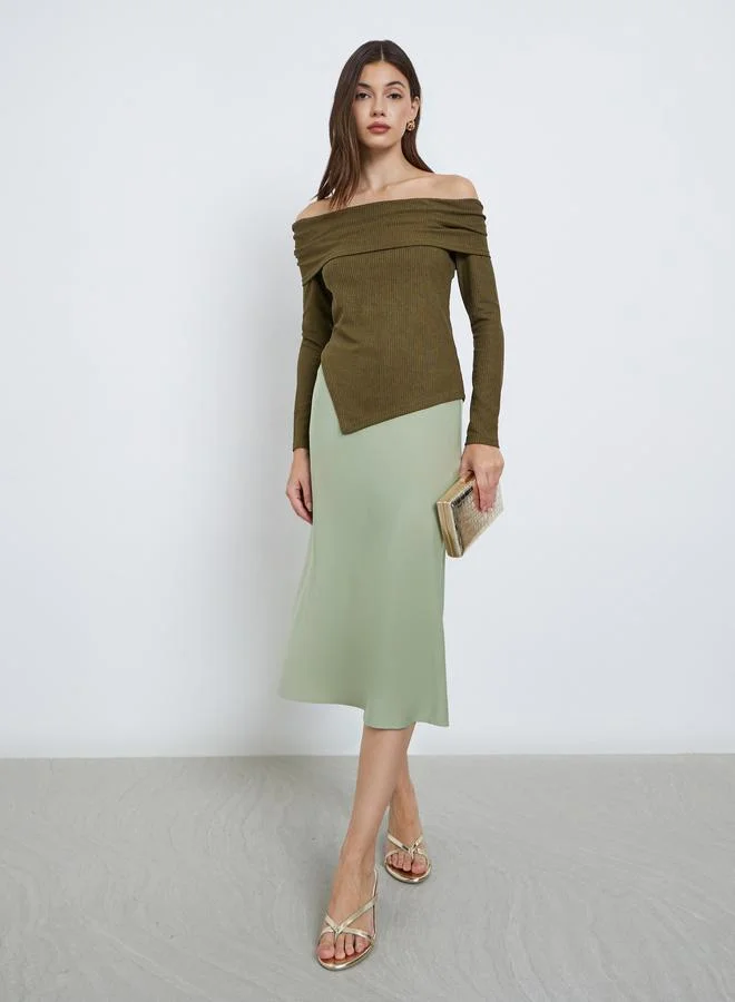 Styli Styli Olive Knit Off-Shoulder Top