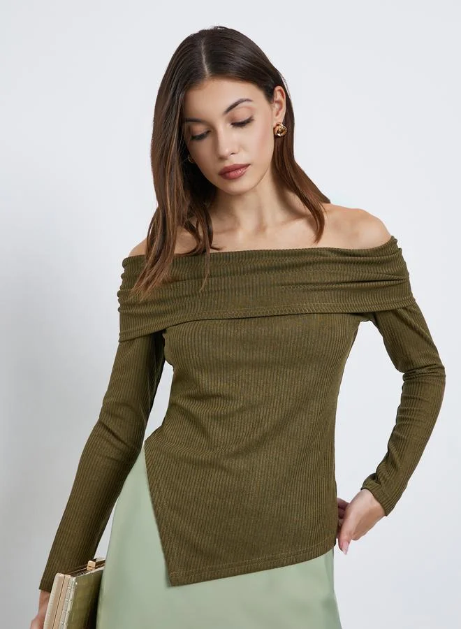 Styli Styli Olive Knit Off-Shoulder Top