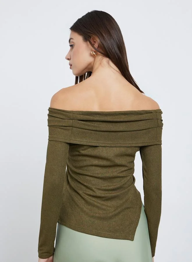 Styli Styli Olive Knit Off-Shoulder Top