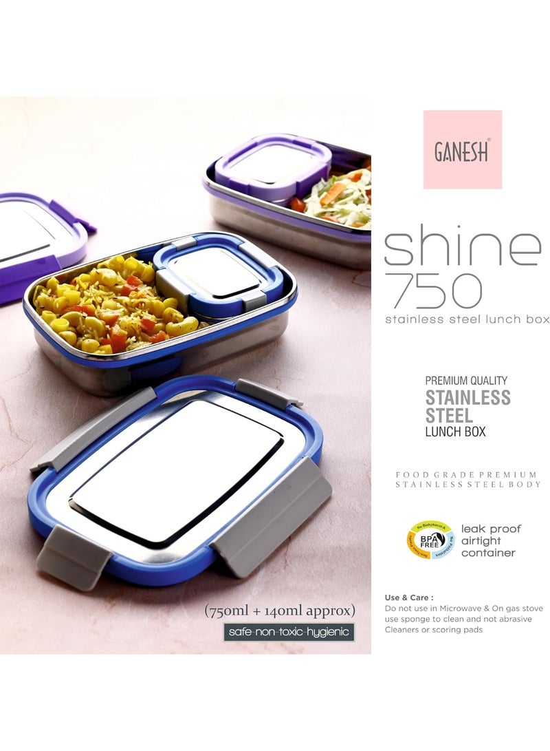 جانيش Ganesh Shine Stainless Steel Airtight Leak-Proof Lunch Box for Office, School, Picnic - 750ml -Color May Vary - Image 3
