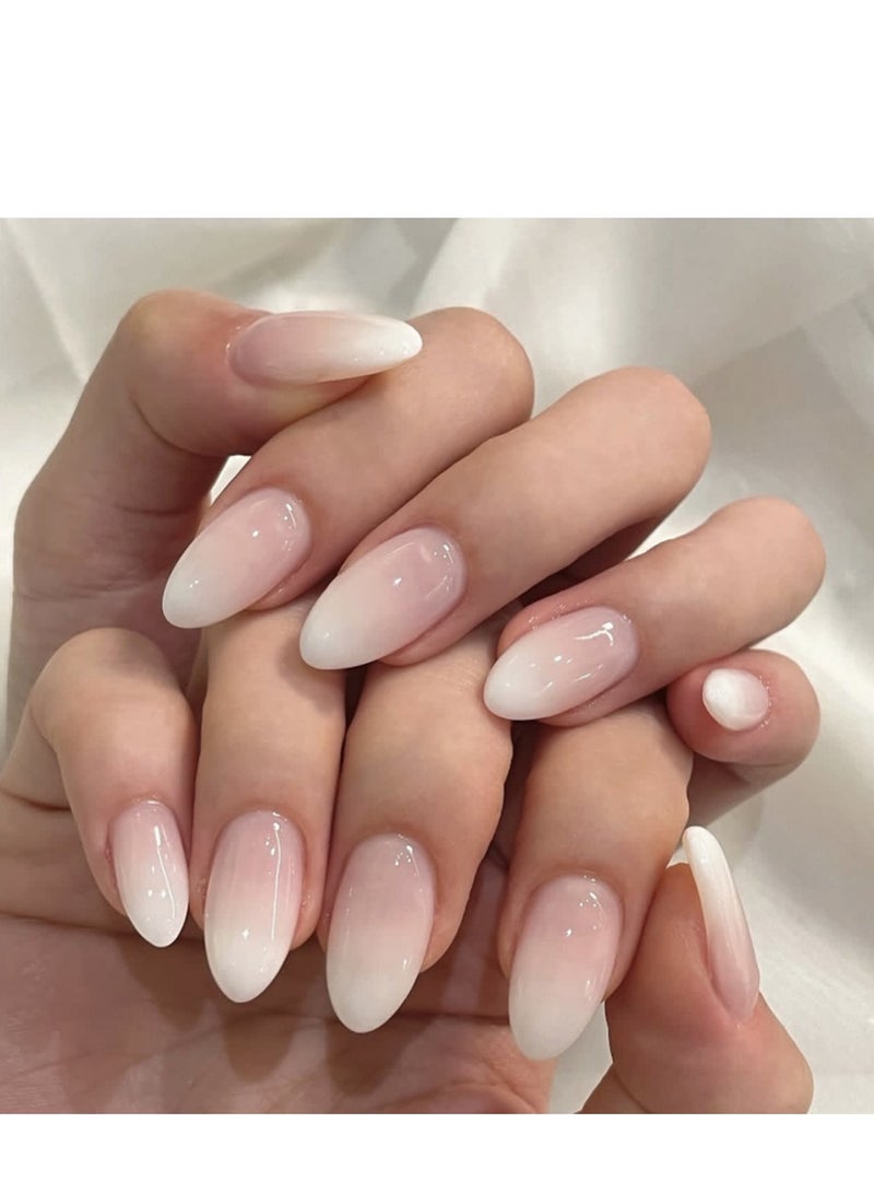 JOSQUEWNN Medium Almond Press On Nails, Nude Pink White Ombre False Nails, Glossy Baby Boomer French Fade Artificial Nail Tips, Full Cover Reusable Fake Nails For Women And Girls, Natural Elegant DIY Manicure Nail Art Set. - Image 1