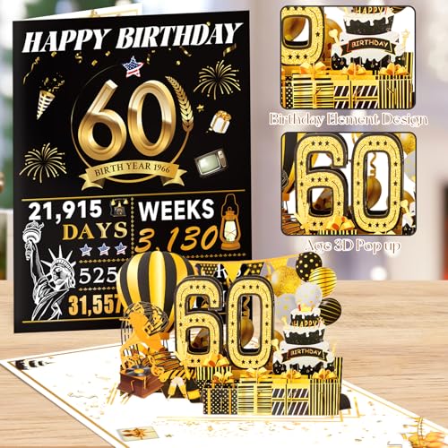 OLOSONG 60th Birthday Cards for Women Men, 3D Pop Up 60th Birthday Gift Ideas for Grandma Mom Dad, Funny 60 Year Old Birthday Decorations for Husband Wife Parents Him Her, Jumbo Back In 1966 - Image 4