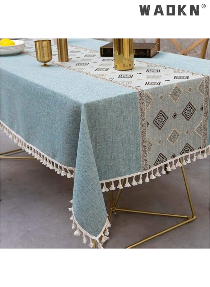 WAOKN Deep Dream Tablecloths, Embroidered Checkered Table Cloth Cotton Linen Wrinkle Free Anti-Fading Table Cover Decoration for Kitchen Dinning Party Christmas, 55 x 55 Inch - Blue - Image 1