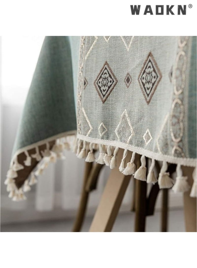 WAOKN Deep Dream Tablecloths, Embroidered Checkered Table Cloth Cotton Linen Wrinkle Free Anti-Fading Table Cover Decoration for Kitchen Dinning Party Christmas, 55 x 55 Inch - Blue - Image 4