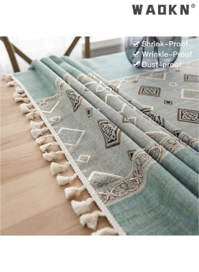 WAOKN Deep Dream Tablecloths, Embroidered Checkered Table Cloth Cotton Linen Wrinkle Free Anti-Fading Table Cover Decoration for Kitchen Dinning Party Christmas, 55 x 55 Inch - Blue - Image 2
