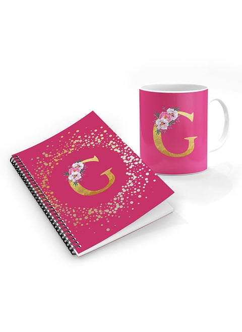 Printed Coffee Mug + A5 Spiral Notebook Memo Personalised Combo Gift Set Custom Monogram Initial Letter Floral Pattern Alphabet -  G (Pink Rose)