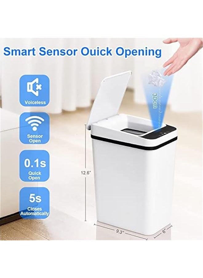 MIXDE - Bathroom Touchless Trash Can 12L Smart Automatic Motion Sensor Rubbish Can with Lid Electric Narrow Small Garbage Bin for Kitchen, Office, Living Room, Toilet, Bedroom (White) - Image 1
