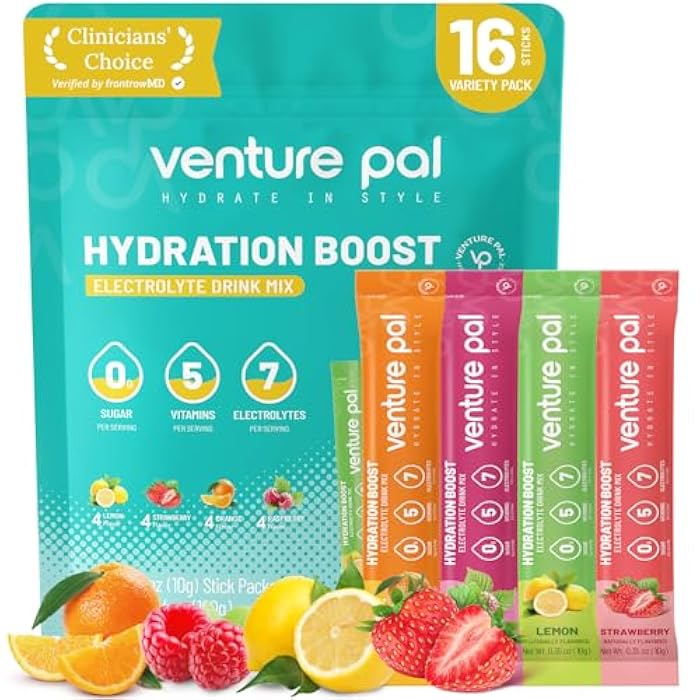 Venture Pal Sugar Free Electrolytes Powder Packets - Liquid Daily IV Hydration Packets | Instantly Hydrating & Party Recovery | 5 Vitamins & 7 Electrolytes | Certified Vegan, Keto, Non-GMO | 16 Sticks - Image 1