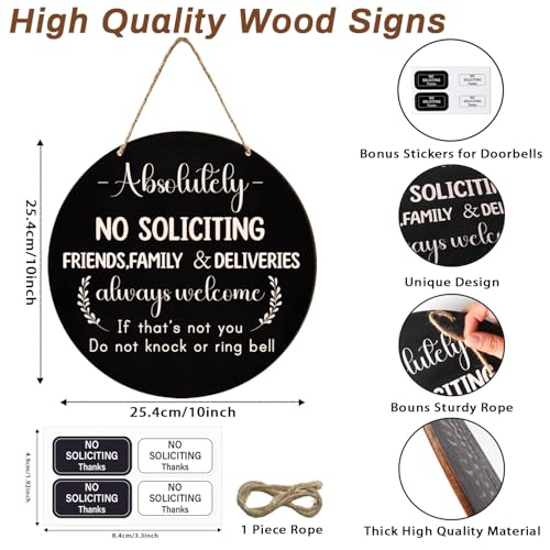 Longan Craft No Soliciting Sign for House Front Door, 10" Wooden Funny No Soliciting Sign for House with Stickers for Not Ring Doorbell House Welcome No Solicitors Signs for Office Home Business - Image 2