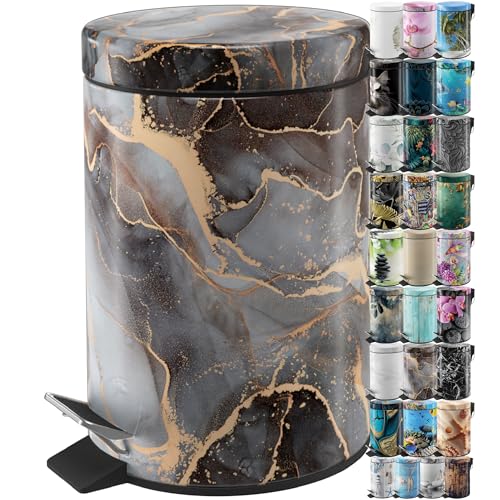 Sanilo Small Bathroom Trash Can with Lid [1.3 Gallon], Lidded Tiny Trashcan for Garbage, Mini Metal Bin with Soft Closing Mechanism, Bath Room Accessoire Wastebin with Inner Bucket (Marble Abstract) - Image 1