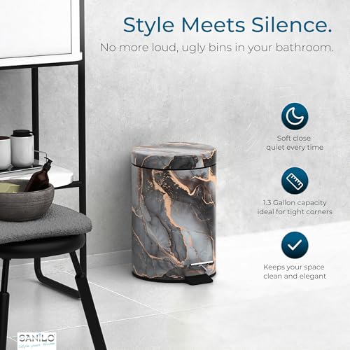 Sanilo Small Bathroom Trash Can with Lid [1.3 Gallon], Lidded Tiny Trashcan for Garbage, Mini Metal Bin with Soft Closing Mechanism, Bath Room Accessoire Wastebin with Inner Bucket (Marble Abstract) - Image 3