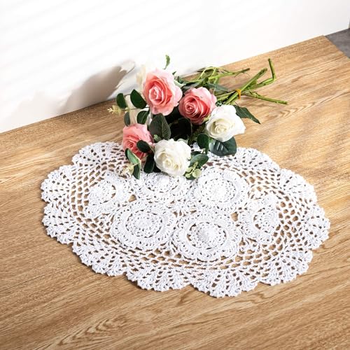 Eiyye 2-Pieces Handmade Cotton Crochet Doilies Oval Lace Table Crochet Placemats 12 x17inch, White - Image 1