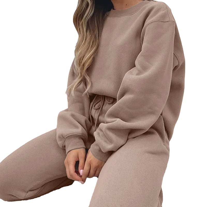 amropi Women's Pullover Tracksuit Fleece Sweatshirt Jogging Pants 2 Pieces Sweatsuits Brown, M - Image 2