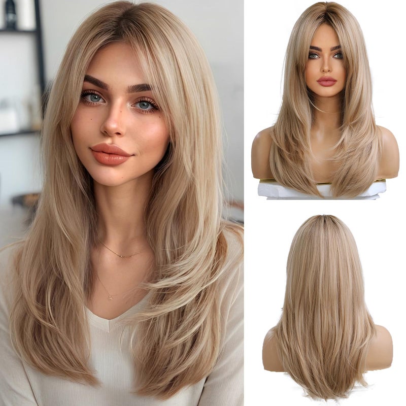 OUFEI Long Straight Blonde Wigs for Women Layered Synthetic Hair Ombre Wig with Dark Roots for Daily Party Cosplay Wear20 Inches LC8033 0 - Image 2