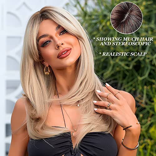 OUFEI Long Straight Blonde Wigs for Women Layered Synthetic Hair Ombre Wig with Dark Roots for Daily Party Cosplay Wear20 Inches LC8033 0 - Image 3