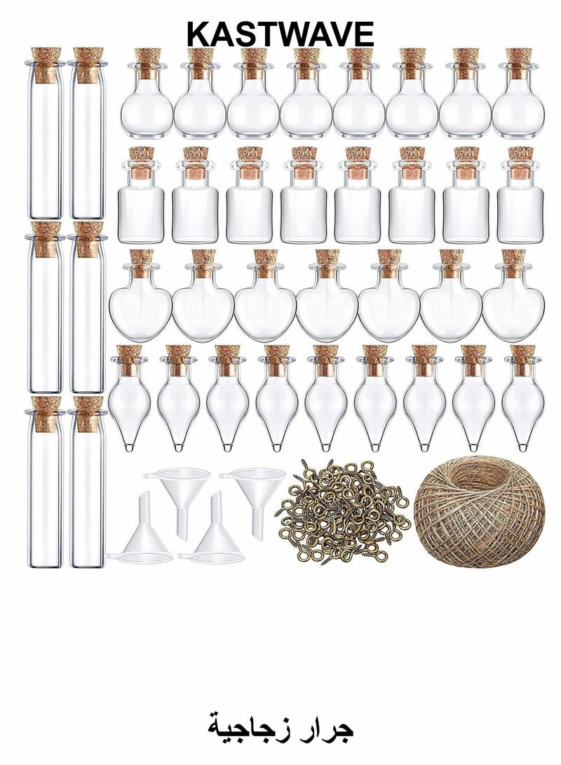 KASTWAVE Small Mini Glass Jars Bottles with Cork Stoppers, Tiny Wishing Bottles, DIY Decoration Bead Containers, with Eye Screws Funnel and Rope Small Cork Clear Glass Bottle 50 Pcs (Mixed Style) - Image 1