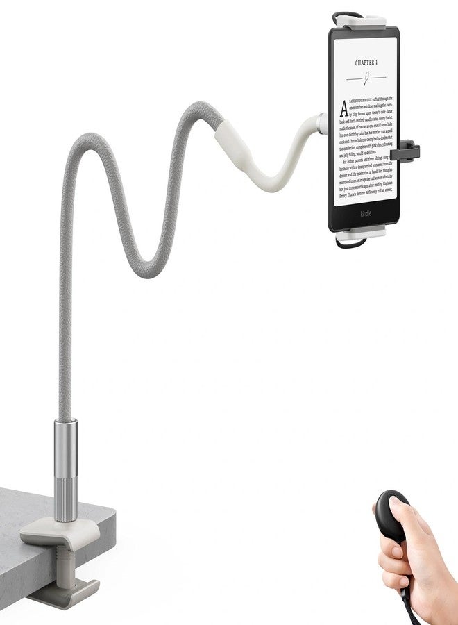 SAIJI Gooseneck Kindle Holder with Remote Page Turner, Tablet Holder for Bed, 100 cm Flexible Lazy Arm，Free Hands Kindle Accessories, Leather Tablet Stand for Reading in Bed, Gray - Image 1