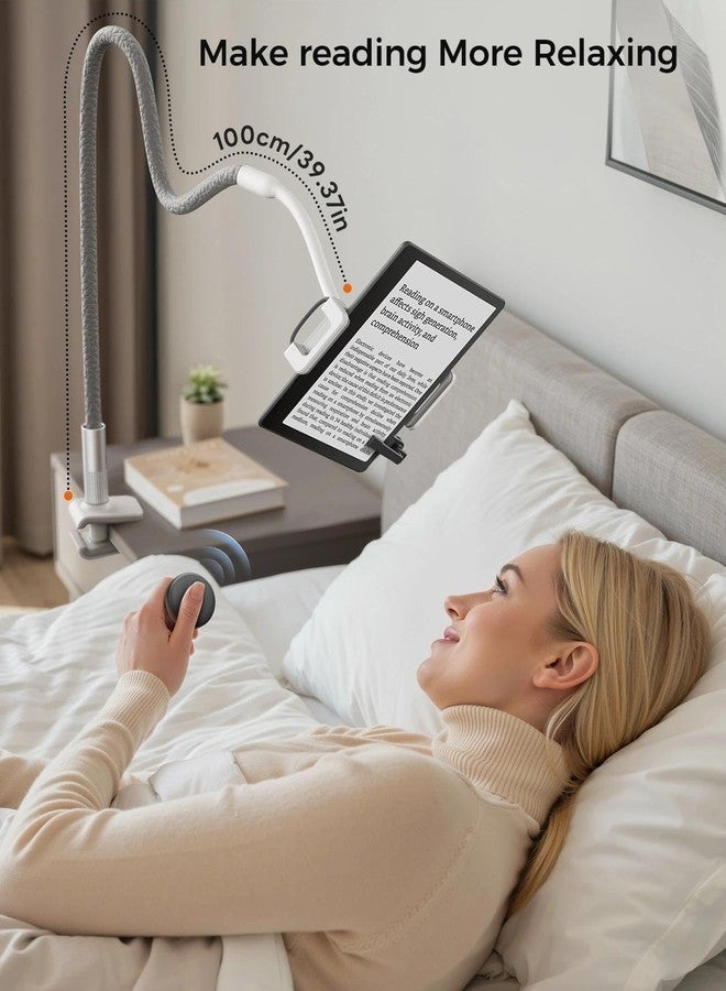 SAIJI Gooseneck Kindle Holder with Remote Page Turner, Tablet Holder for Bed, 100 cm Flexible Lazy Arm，Free Hands Kindle Accessories, Leather Tablet Stand for Reading in Bed, Gray - Image 4