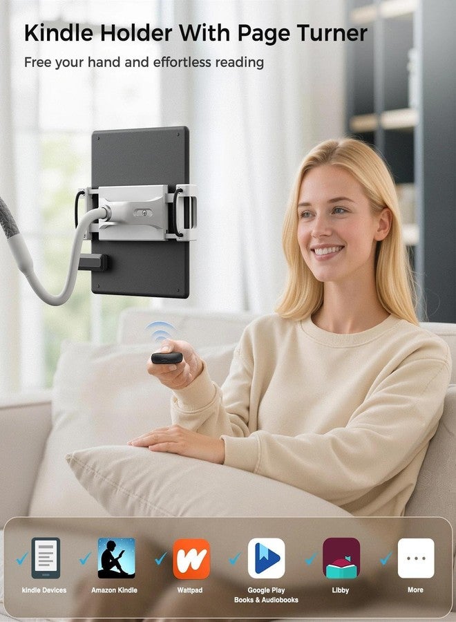SAIJI Gooseneck Kindle Holder with Remote Page Turner, Tablet Holder for Bed, 100 cm Flexible Lazy Arm，Free Hands Kindle Accessories, Leather Tablet Stand for Reading in Bed, Gray - Image 2