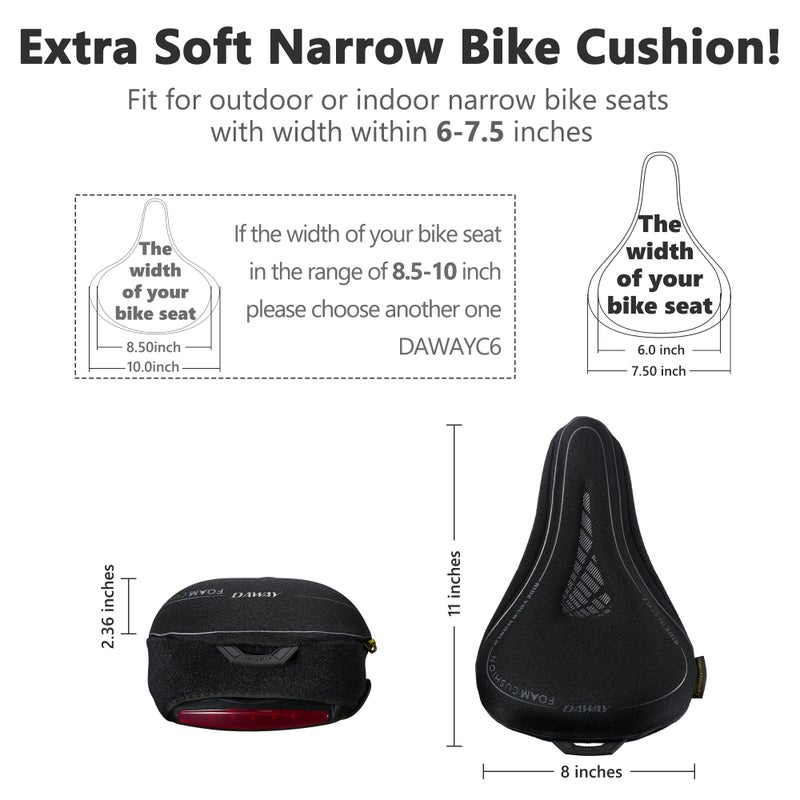 DAWAY C7 Comfortable Narrow Bike Seat Cover - Soft Memory Foam Padded Exercise Bicycle Seat Cushion for Men Women Kids, Fits for Peloton, Stationary, Mountain Road Bike Saddle, 11 x 8 Inches - Image 2