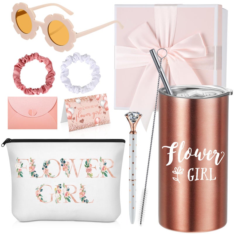 Sieral Sieral 9 Pcs Flower Girl Proposal Gifts Set Personalized Flower Girl Tumbler with Straw Bride Gift Box Canvas Bag Sunglasses Hair Ring Diamond Pen Envelope for WeddingPinkRetro
