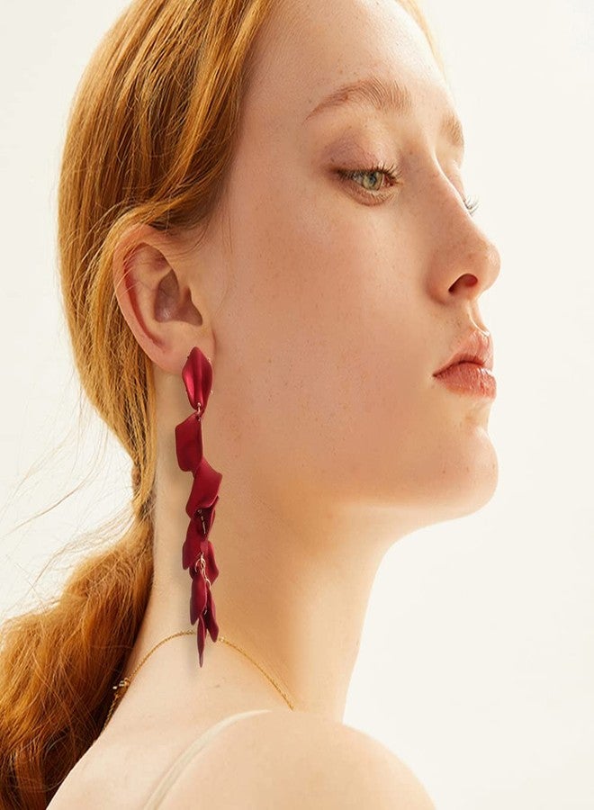 KVANU Handmade Lightweight Long Hanging Tassel Rose Flower Petal Dangle Drop Earrings Dainty Elegant Resin Hanging Floral Tassel Stud Earrings for Women Statement Holiday Summer Jewelry Gifts (Wine red) - Image 3