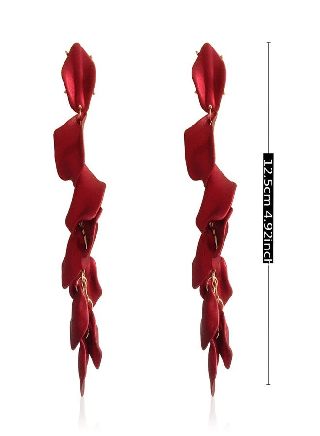 KVANU Handmade Lightweight Long Hanging Tassel Rose Flower Petal Dangle Drop Earrings Dainty Elegant Resin Hanging Floral Tassel Stud Earrings for Women Statement Holiday Summer Jewelry Gifts (Wine red) - Image 2