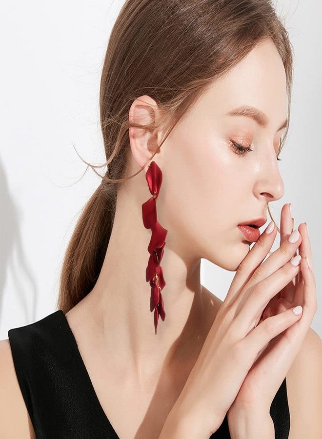 KVANU Handmade Lightweight Long Hanging Tassel Rose Flower Petal Dangle Drop Earrings Dainty Elegant Resin Hanging Floral Tassel Stud Earrings for Women Statement Holiday Summer Jewelry Gifts (Wine red) - Image 5