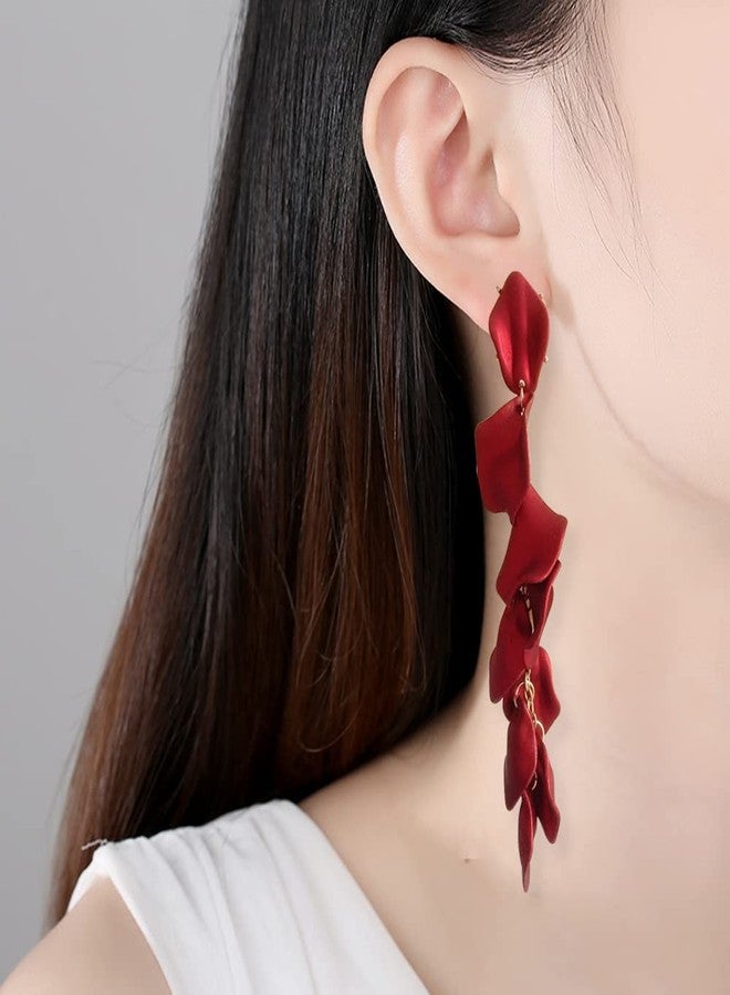 KVANU Handmade Lightweight Long Hanging Tassel Rose Flower Petal Dangle Drop Earrings Dainty Elegant Resin Hanging Floral Tassel Stud Earrings for Women Statement Holiday Summer Jewelry Gifts (Wine red) - Image 4