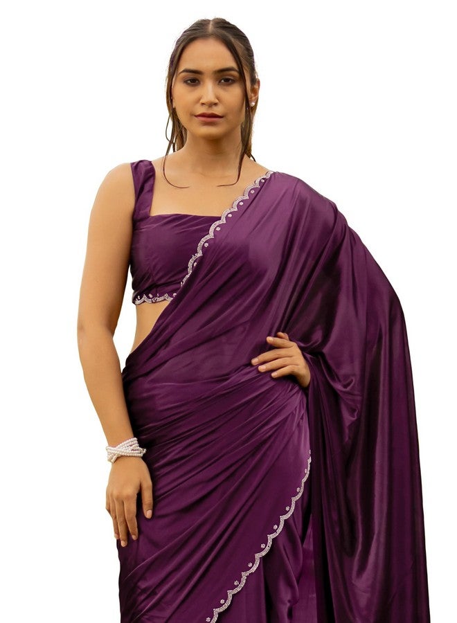 Subham Women's Silk Stone Work Farewell Plain Saree with Blouse Piece | Scalloped Cut Work Border (42911-Wine) - Image 1