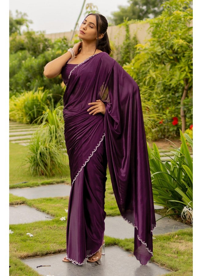 Subham Women's Silk Stone Work Farewell Plain Saree with Blouse Piece | Scalloped Cut Work Border (42911-Wine) - Image 3