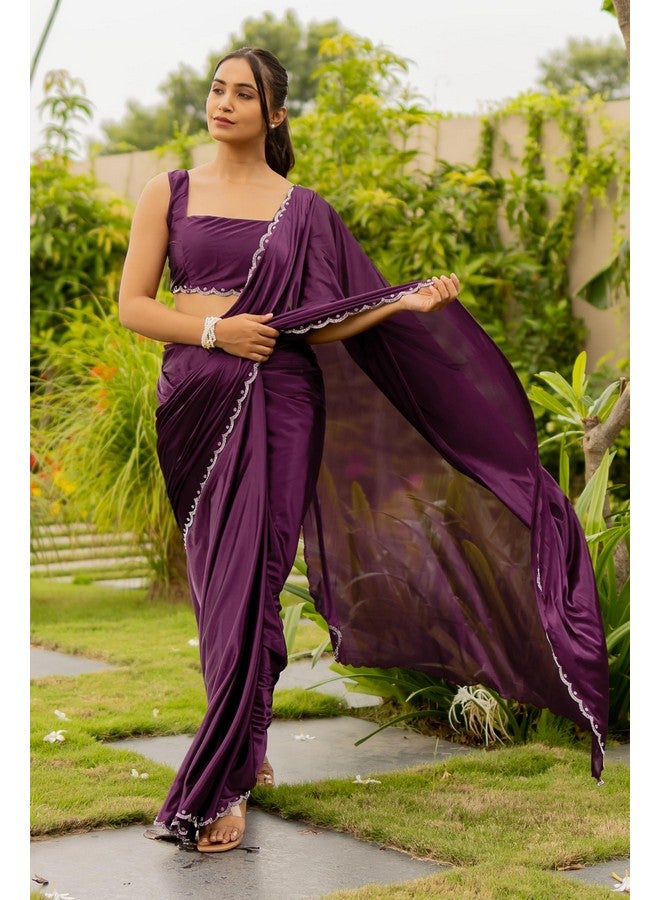 Subham Women's Silk Stone Work Farewell Plain Saree with Blouse Piece | Scalloped Cut Work Border (42911-Wine) - Image 2