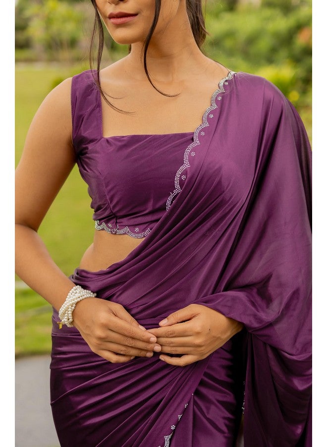 Subham Women's Silk Stone Work Farewell Plain Saree with Blouse Piece | Scalloped Cut Work Border (42911-Wine) - Image 5