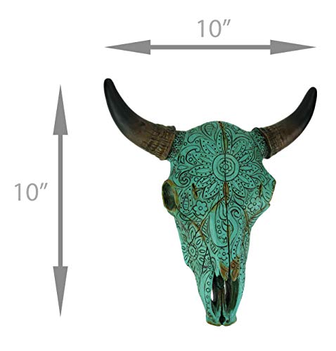 De Leon Collections DE LEON,Resin Turquoise Floral Tribal Carved Bull Skull Hanging Statue - Image 4