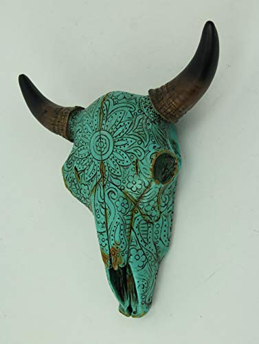 De Leon Collections DE LEON,Resin Turquoise Floral Tribal Carved Bull Skull Hanging Statue - Image 2