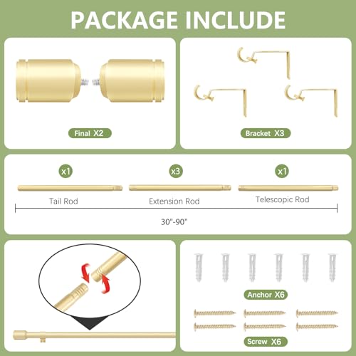 Edidonson 5/8” Diameter Curtain Rods 30-90 Inch, for 30-84 Inch Windows, Adjustable Splicing Gold Curtain Rods for Windows with Brackets, Window Rod Long Small Curtains Rod - Image 3